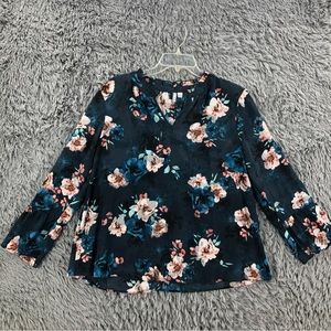 Elle Blouse Womens Large Blue Watercolor Flower 2 Pc Adj Tank Sheer Bell Sleeves